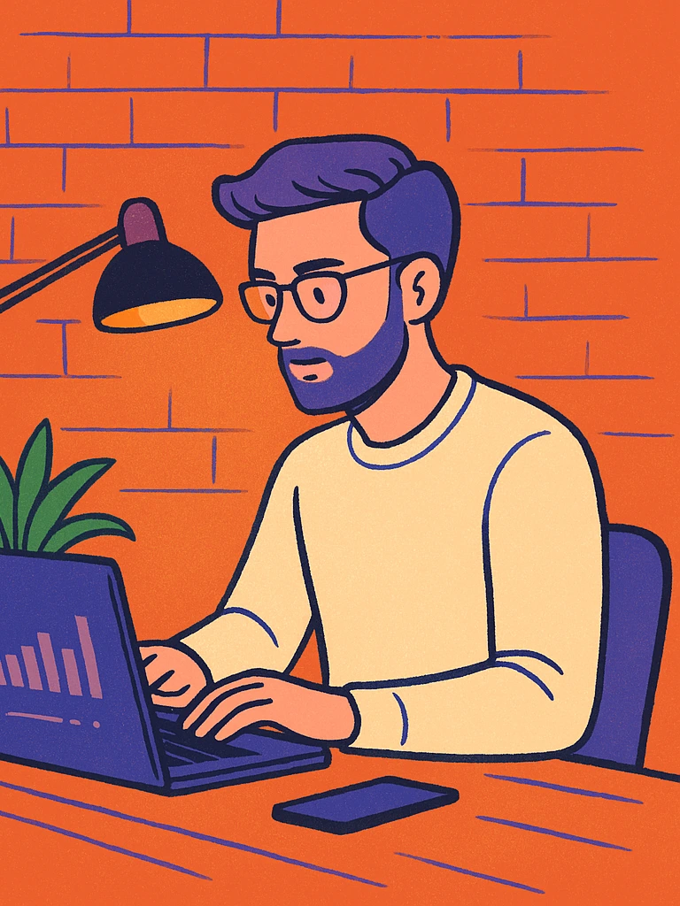 Illustration of a bearded man with glasses working on a laptop at a desk with lamp and plant, analyzing data charts