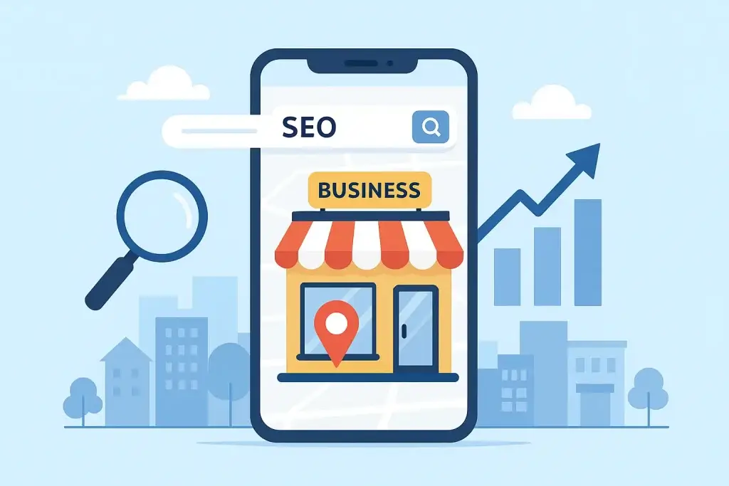 Illustration of a smartphone showing a local business with a location pin, magnifying glass, and upward growth chart, symbolizing how local SEO helps small businesses increase online visibility and success.