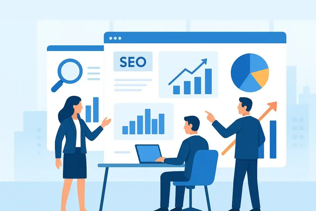 A professional digital illustration showing a business team analyzing data on large screens with graphs, charts, and SEO icons in a bright modern office. The city skyline is visible through the window, symbolizing business growth and collaboration.
