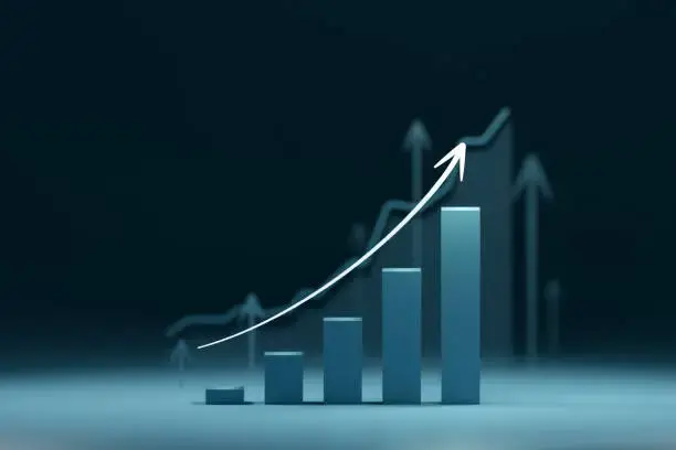 3D bar chart with increasing bars and an upward arrow symbolizing growth and success on a dark background.