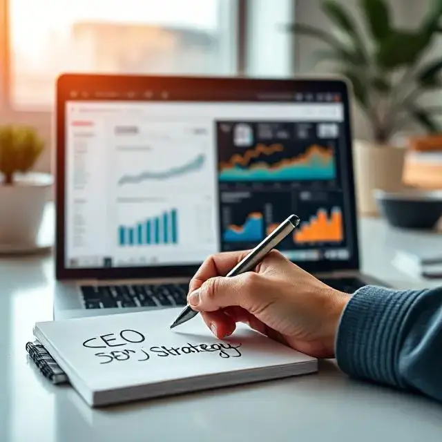 A person writing SEO strategy notes beside a laptop displaying analytics charts and website performance graphs in a bright modern office