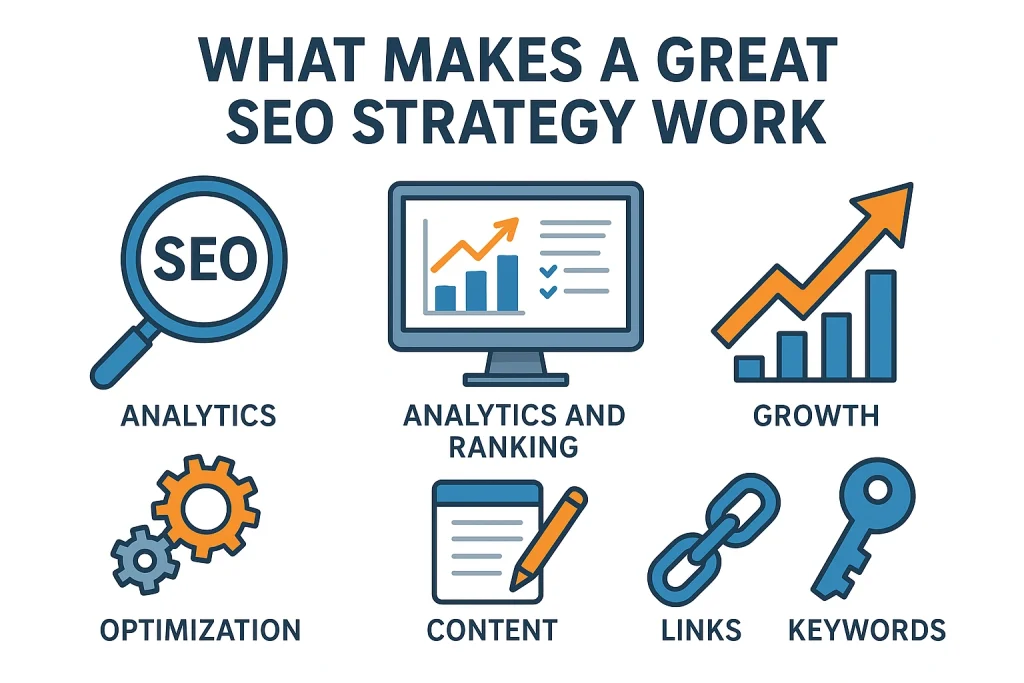 What Makes a Great SEO Strategy Work – Key Elements of Successful SEO Alt Tag: Flat-style infographic showing SEO strategy components with icons for analytics, ranking, growth, optimization, content, links, and keywords in blue, orange, and gray tones on a light background.