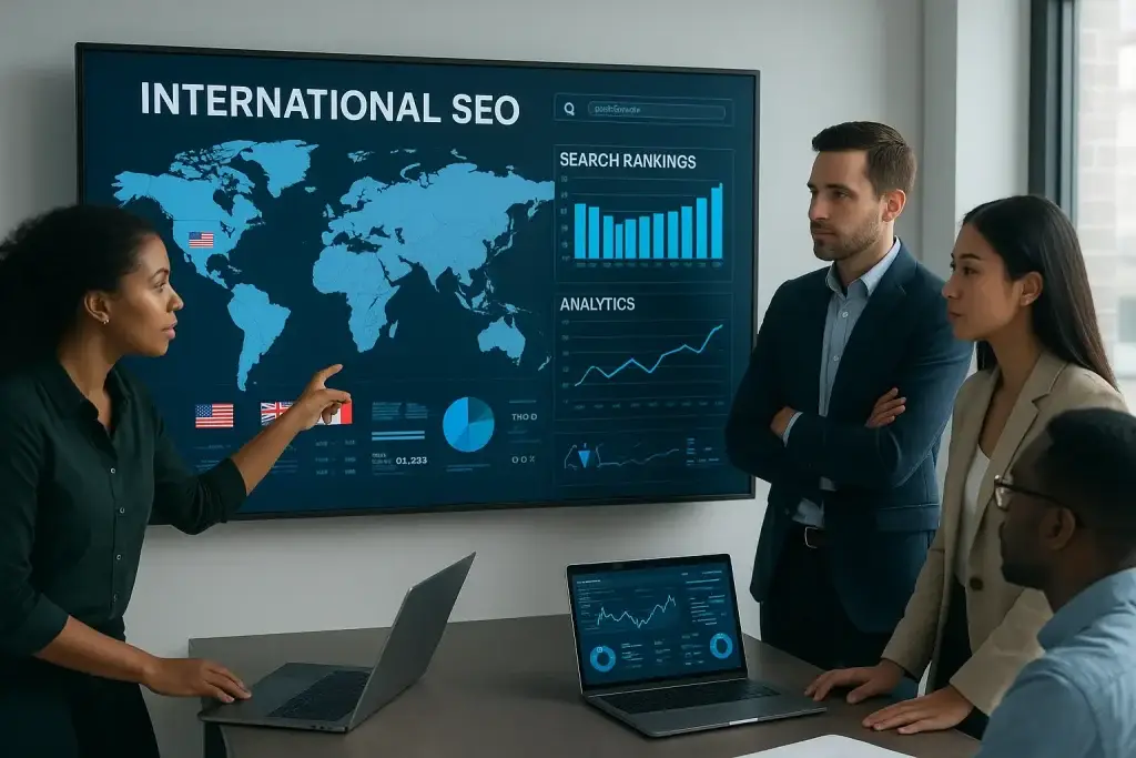 A diverse team of marketing professionals reviews global SEO analytics, keyword performance, and international search rankings on a large digital screen in a modern office setting.
