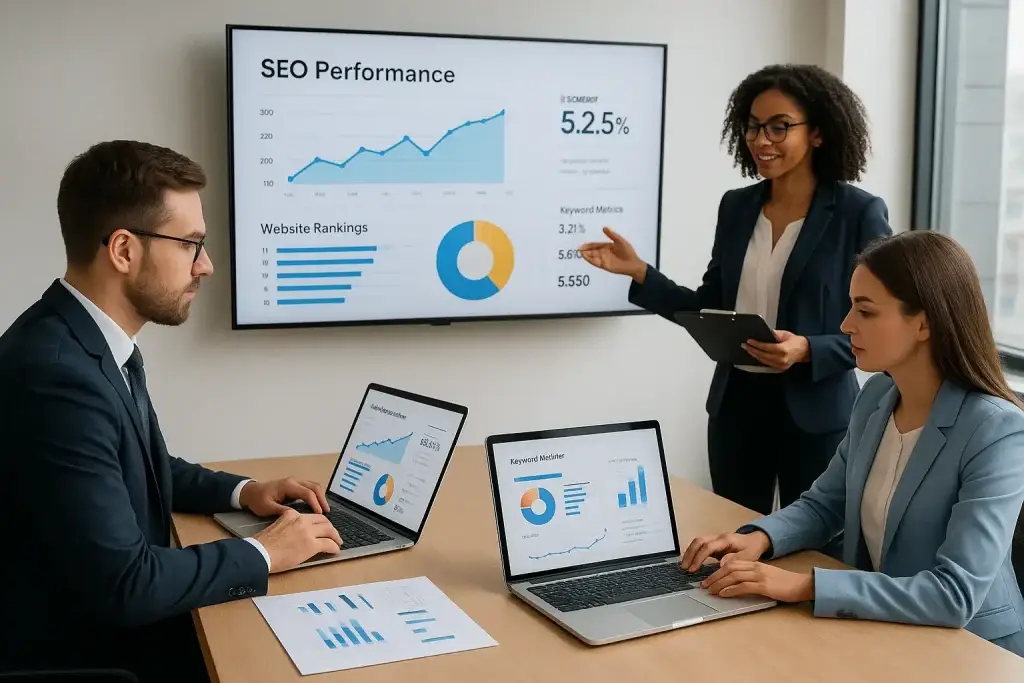 Four business professionals in a modern, naturally lit office reviewing SEO performance data on laptops and a large digital dashboard displaying graphs, keyword metrics, and website rankings.
