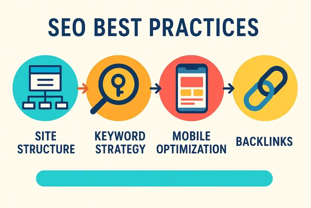 Infographic showing four key SEO best practices: site structure, keyword strategy, mobile optimization, and backlinks, each represented with colorful vector icons in a clean, modern design.