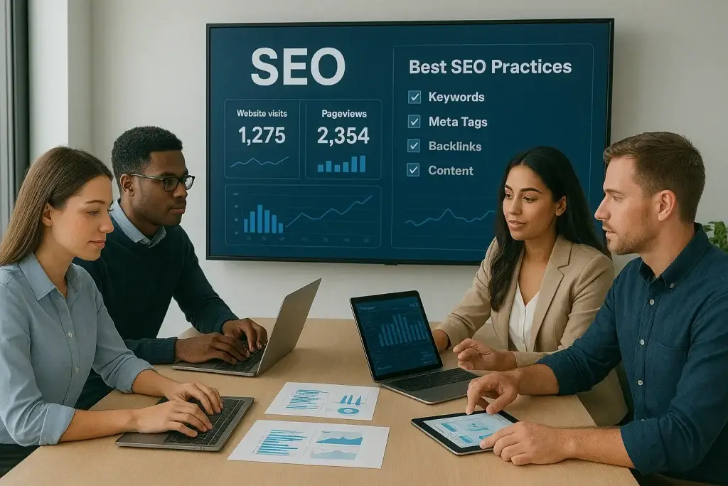 A collaborative team of SEO specialists discusses website analytics, keyword insights, and best SEO practices around a conference table with laptops and dashboards in a bright, data-driven workspace.