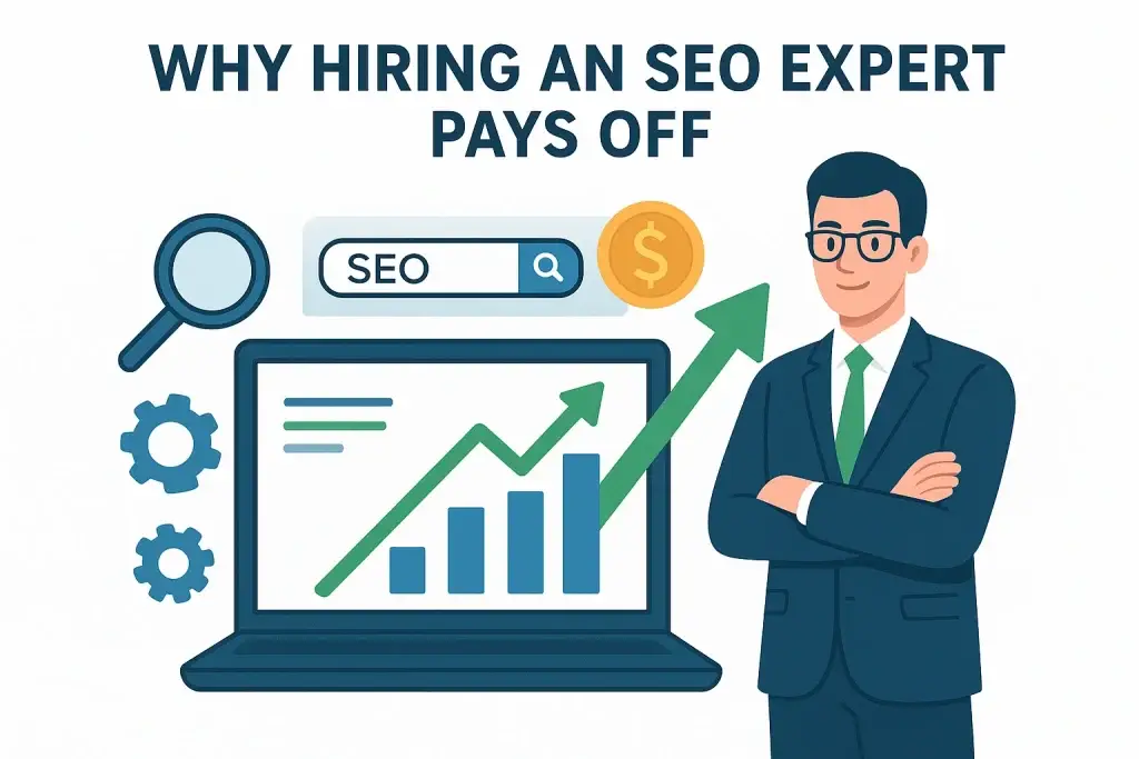 Why Hiring an SEO Expert Pays Off – Benefits of Professional SEO Services
Alt Tag: Modern infographic featuring an SEO expert beside a laptop with rising charts, dollar symbols, magnifying glass, gears, and upward arrows, using blue, green, and gold colors to represent trust and growth.