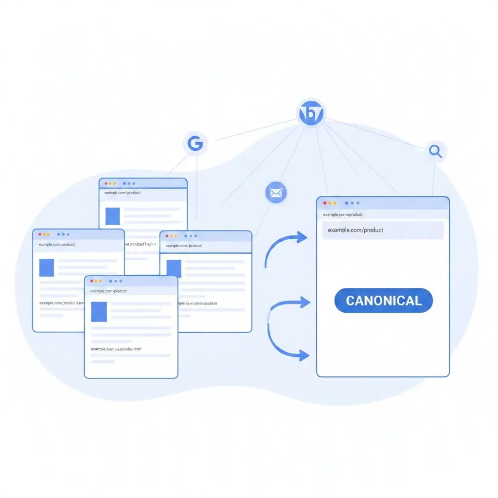 Illustration showing multiple duplicate webpage URLs pointing to a single canonical page to indicate search engines consolidating content under one preferred URL.