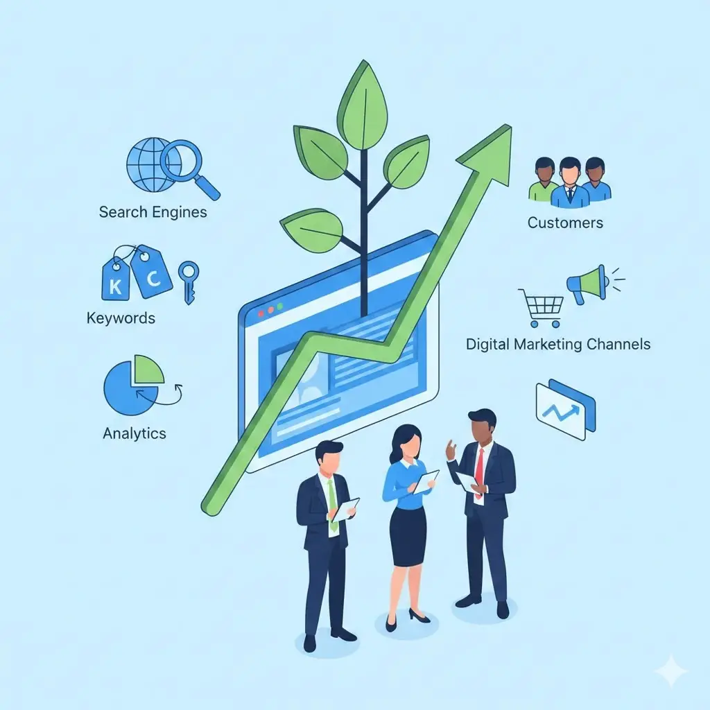 Illustration of digital marketing growth showing a rising arrow and plant emerging from a website screen, surrounded by icons for search engines, keywords, analytics, customers, and marketing channels.